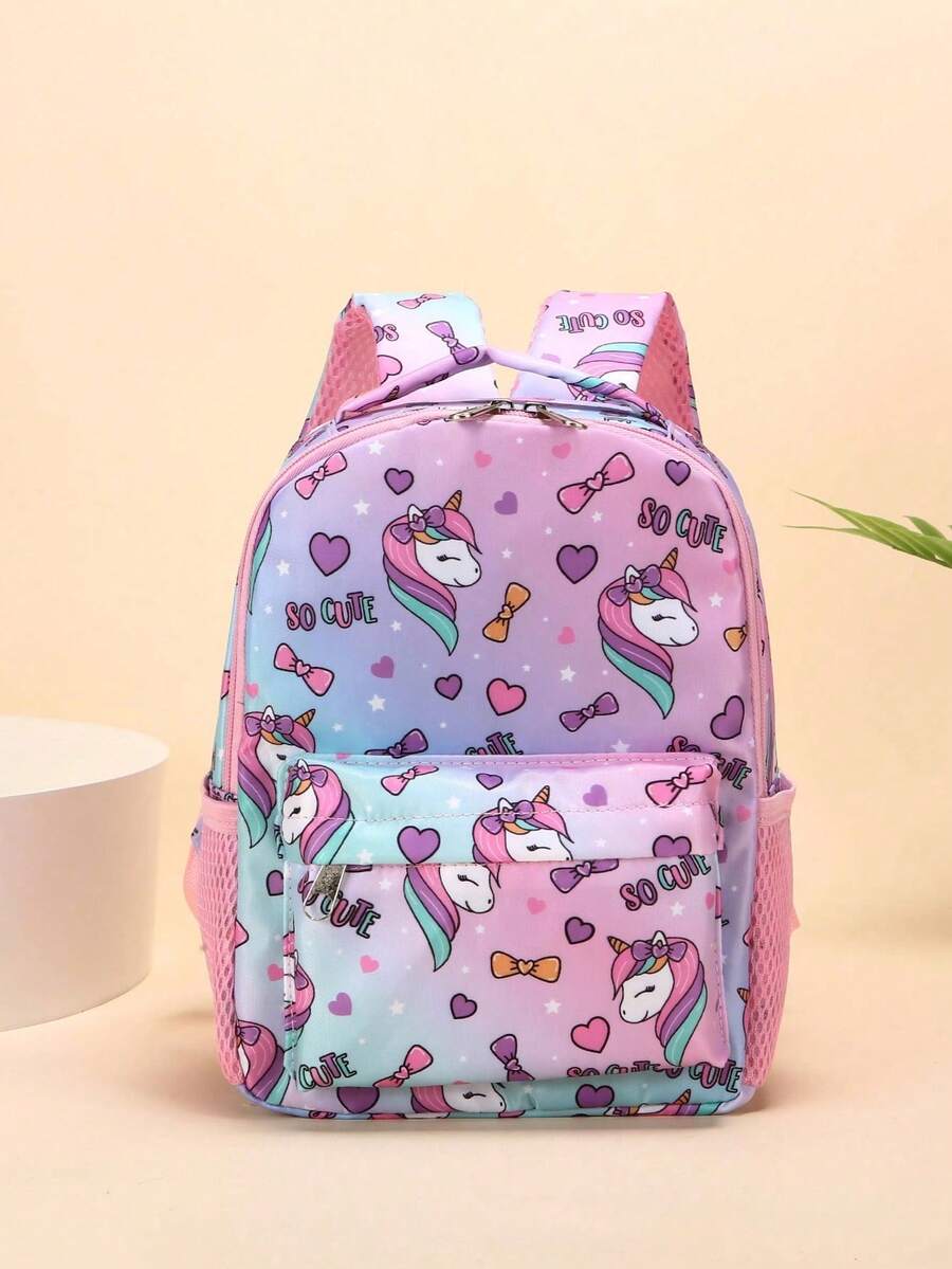 1 pieza Mochila de estilo de dibujos animados con cremallera de nailon con diseño de helado y unicornio, mochila elegante adecuada para varias ocasiones, correas de hombro ajustables cómodas, multifuncional y versátil, adecuada para exteriores, juegos, viajes, escuela, regalo perfecto para adolescentes (colocación del patrón al azar) - unicornio morado - Ver 1