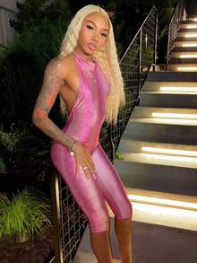 New Sexy Tight Python Print Neck Strap Big Halter Jumpsuit Pink Purple Ombre Snake Print Jumpsuit - Sexy Halter Tight Capri Pants For Party & Streetwear - 粉色 - 查看 2