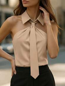 Damen elegante unifarbene ärmellose Bluse mit Knoten und Kragen (YY1190) Sommer - Khaki - Übersicht 4