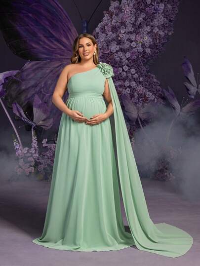 Faeriesty Elegant Maternity Plus Size Mint Green Asymmetric Shoulder Extra Long Sleeve Maxi Party Gown | Sheer Chiffon Fabric, 3D Floral Applique At Shoulder