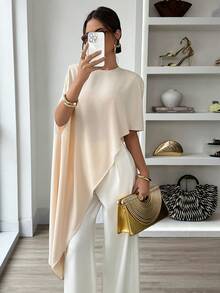 Apricot Satin Asymmetric Hem Party Blouse - Apricot - View 1