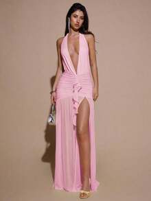 2026BAE Sexy Minimalist Solid Yellow Cream Deep V-Neck Halter Bodycon Ruched Fitted Women's Maxi Mesh Dress, Suitable For Party, Cocktail, Formal Occasions, Bridesmaid, Birthday, Business Casual, Elegant Women Maxi Dress,Valentine's Day,Valentine Fits For WomenLoose And Comfortable,Casual And Easy-Goin - 珊瑚粉 - 查看 7
