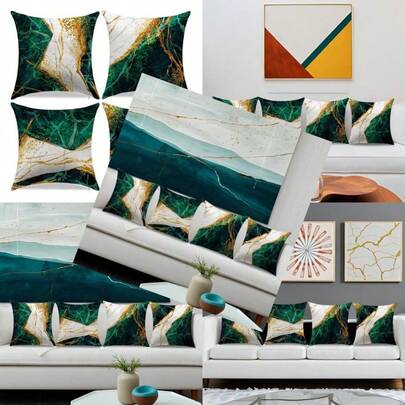 Juego de 4 fundas de almohada decorativas color verde esmeralda y dorado para decoración del hogar sofá recámara sala de estar 18 x 18 pulgadas