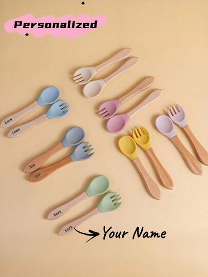 Custom Baby Fork And Spork Sets, Wooden And Silicone Fork And Spork Utensils, Toddler Baby LED Weaning Silverware Cutlery Flatware, Kids First Self Feeding, Perfect Newborn Gifts, Christmas, Thanksgiving, And Chinese New Year Gifts