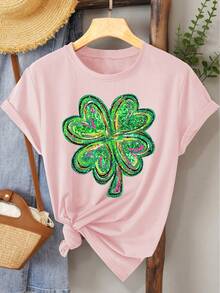 (St. Patrick's Day) Green Pink Black Glitter Texture Design Four-Leaf Clover Pattern Print Fashion Elegant Women's Spring Summer Autumn Casual Sports Style Top Soft Comfortable Round Neck Short Sleeve T-Shirt Available In S-XXL - 粉紅色 - 查看 7