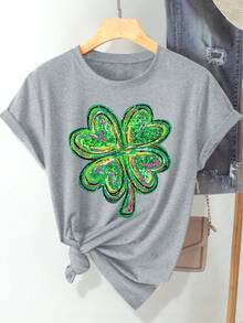 (St. Patrick's Day) Green Pink Black Glitter Texture Design Four-Leaf Clover Pattern Print Fashion Elegant Women's Spring Summer Autumn Casual Sports Style Top Soft Comfortable Round Neck Short Sleeve T-Shirt Available In S-XXL - 淺灰色 - 查看 7
