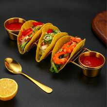 2/4件套不锈钢墨西哥卷饼/法士达饼架套装，包括酱料杯、勺子和可拆卸调味杯，防锈，可用洗碗机清洗，适用于厨房，墨西哥餐厅风格，可用作煎饼架、披萨展示架、春卷架等。 - 金色 - 查看 5