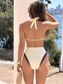 Áo tắm liền thân cổ chữ V sâu sang trọng dành cho nữ, bikini co giãn cao với chi tiết nơ và dây buộc trang trí, thích hợp cho kỳ nghỉ. - Nhiều màu - Xem 5