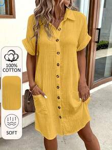 Women's A-Line Dress,% Short Sleeve Button-Front Blouse Shirt Dress, Soft Breathable Casual To Semi-Formal Wear, Washable All-Season Outfit, - 軍綠色 - 查看 8