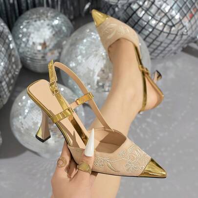 女士花卉刺绣尖头露跟高跟鞋，优雅迷人的搭扣露趾后带高跟凉鞋，适合度假、休闲、派对、仪式、夏季户外活动，花卉刺绣设计猫跟鞋，时尚百搭的金色高跟鞋，杏色高跟鞋，优雅裸色高跟鞋
