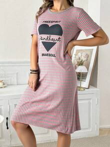 100%Cotton Slogan Graphic Gingham Print Drop Shoulder Short Sleeved Nightdress - Multicolor - View 3