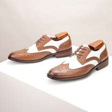 Classic Retro Men's Genuine Leather Business Casual Shoes, Comfortable And Versatile Formal Wear Men's Derby Shoes, Block Carved Lace Up Color Blocked Men's Leather Shoes - 棕白色 - 查看 4