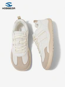 HOBIBEAR Men's Wide Fit Soft Bottom Shoes, Patchwork Round Toe Lace-Up Flat Shoes, Minimalist Retro Style Unisex Casual Sneakers, Breathable Mesh, All Season - Khaki - View 5