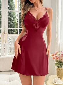 New Sexy Spaghetti Strap Nightgown With Lace Trim, Fashionable Bow Tie Short Nightdress, Suitable For Outdoor Wear - Burgundy - View 4