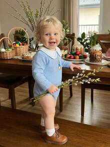 Newborn Baby Girl Boy Easter Outfit Bunny  Bubble Romper Cute Rabbit Embroidery Doll Collar Long Sleeve Bodysuit Spring Fall Winter Clothes - Màu xanh lam - Xem 2