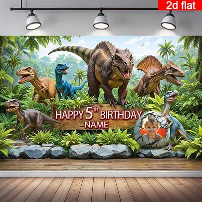 1pc Personalized Portrait, Name, Age Birthday Party Banner, Polyester, Dinosaur Era Forest Tyrannosaurus Rex Pattern Photography Backdrop, Customized Happy Birthday Banner, Suitable For Cake Table, Home, Outdoor, Yard Decor, 3 Size Options,Graphic Print