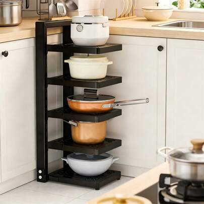 調節可能な5段鍋・フライパンオーガナイザーラック、キッチンカウンター＆キャビネット用頑丈な金属製収納棚、ブラック