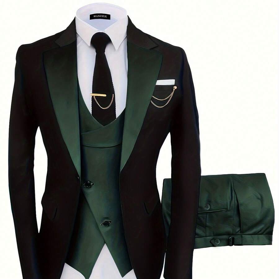 Men'S Fashionable 3pcs Suit Set With Jacket, Vest, And Pants For Weddings And Parties - Solid Color, Regular Fit, Notched Collar, Spring/Summer/Fall, Formal Attire|Sleek Formal Attire|Nonstretch Fabric - Dark Green - View 1