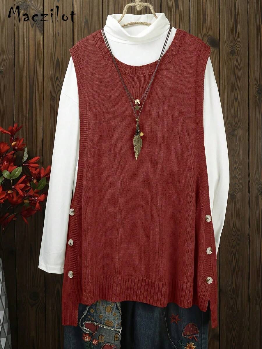 Solid Color Fashionable Streetwear Sleeveless Round Neck Vest Top With Button Design Sweater - Red - View 1