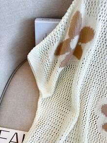 Floral Hollow Out Dropped Shoulder Round Neck Women Vest, Fashionable Casual Elegant Sweet Style Lightweight Summer Clothing - Cream - View 8