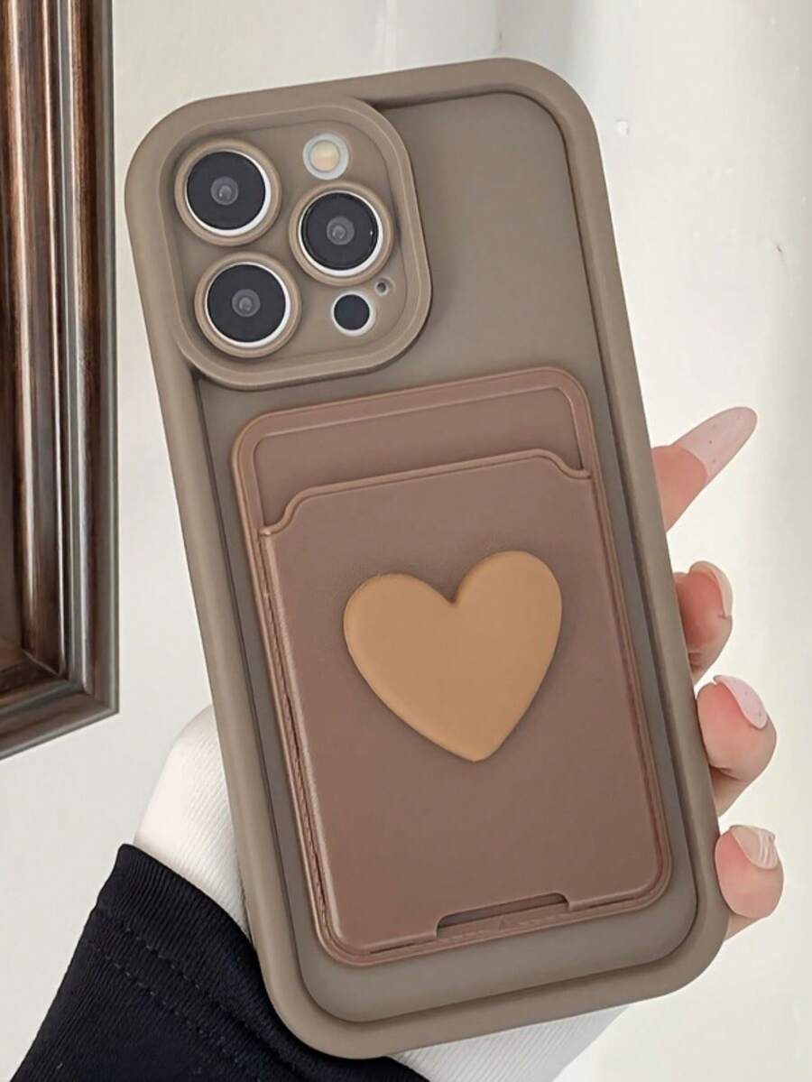棕色高竹+棕色卡袋+棕色立体心形配件手机壳，兼容苹果14 13 12 11 XS XR X 8 7 Plus Pro Max SE系列手机壳 - 棕色 - 查看 1