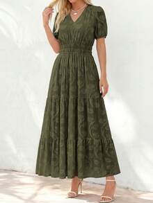 Women's Boho Maxi Dress, Summer Short Sleeve V-Neck Floral Flowy A-Line Long Dress, Formal For Wedding Guest & Baby Shower - xanh quân đội - Xem 3