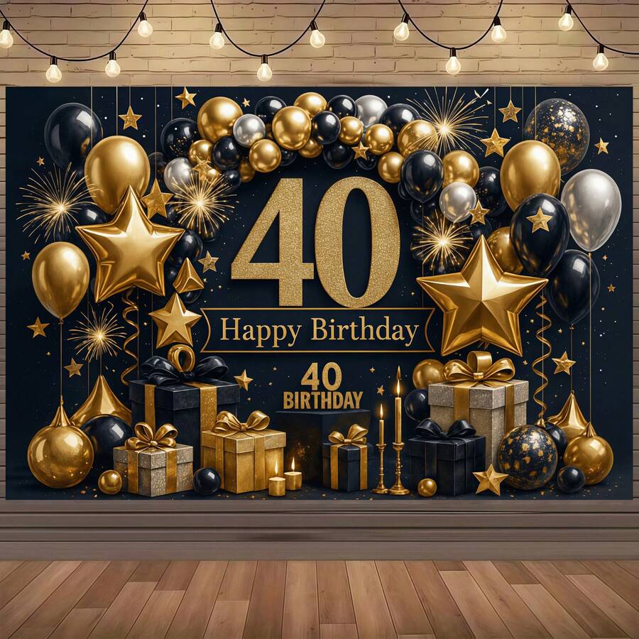 这款黑金主题40岁生日背景幕布，包含闪亮的金色数字、生日装饰、黑金气球和一个礼盒。采用涤纶面料制成，无需电源。适用于40岁生日派对，室内客厅/室外草坪皆可。可用作墙面装饰或派对用品，营造奢华氛围。这款带有生日快乐元素的背景幕布，适合室内外派对。 - 彩色 - 查看 1