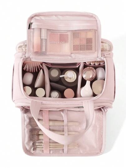 Large Capacity Fluffy Makeup Bag Wide Opening Cosmetic Organizer With Multi Pockets, Plush Makeup Pouch Toiletry Bag For Women Girls, Portable Skincare Storage Bag With Mesh Compartments For Lipstick Foundation Brushes, Daily Vanity Bathroom Organizer Travel Makeup Bag, Solid Color Zipper Cosmetic Case For School