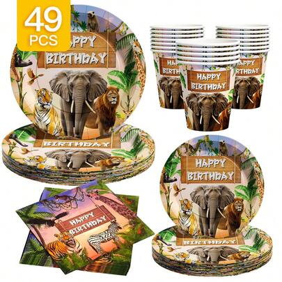 Animal Birthday Party Disposable Plate, Napkin, Cup Set, Plates, Napkins And Cups Party Supplies, Suitable For 8 Guests, Disposable Paper Plates Party Tableware Suitable For Birthday, Wedding, Theme Party, Family Picnic