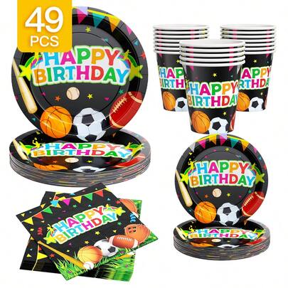 Sports Happy Birthday Disposable Plate, Napkin, Cup Set, Plates, Napkins And Cups Party Supplies, Suitable For 8 Guests, Disposable Paper Plates Party Tableware Suitable For Birthday, Wedding, Theme Party, Family Picnic