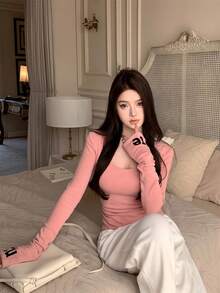 Women's Autumn Round Neck Long Sleeve Fitted Letter Print T-Shirt - Pink - View 4