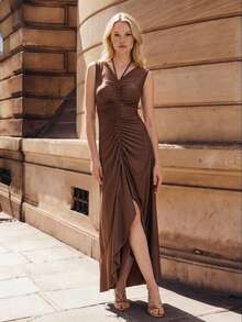 Elegant Pleated Halter Bridesmaid Dress, Made Of Highly Elastic Fabric - Brown - View 8