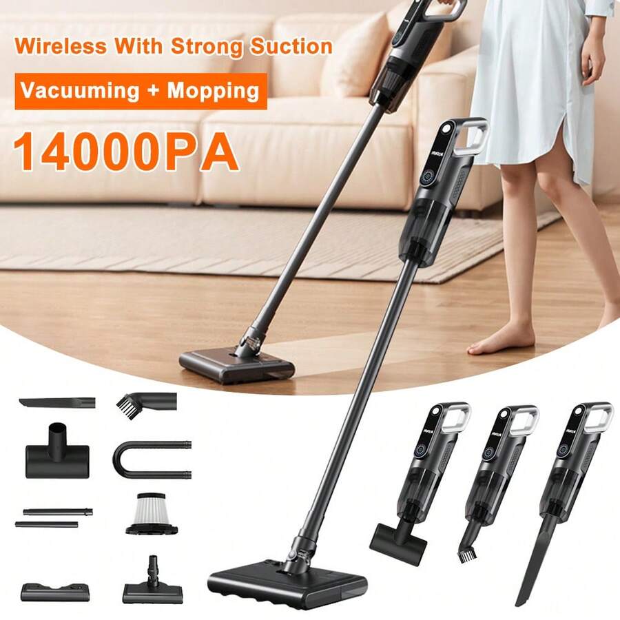 14000PA Wireless Stick Vacuum With LED Light – Vacuuming + Mopping 2-In-1, Detachable Battery, Multiple Attachments For Deep Cleaning Floors, Stairs, And Furniture - 黑色 - 查看 1