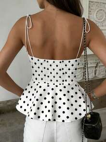 Women's Casual Elegant Versatile Polka Dot Sleeveless Fitted Tank Top With Bow Tie Strap Design And Flared Hem, Suitable For Spring/Summer - Black and White - View 5