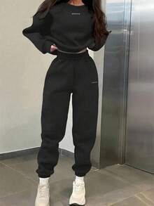 2pcs Women's Casual Letter Print Sweatshirt And Sweatpants Set,2pcs/Set Women Letter Print Round Neck Long Sleeve Hoodie And Casual Pants Set, For Autumn,Women's  Crew Neck Long Sleeve Sweatshirt And Pants Casual Suit, Autumn/Spring, - 黑色 - 查看 1