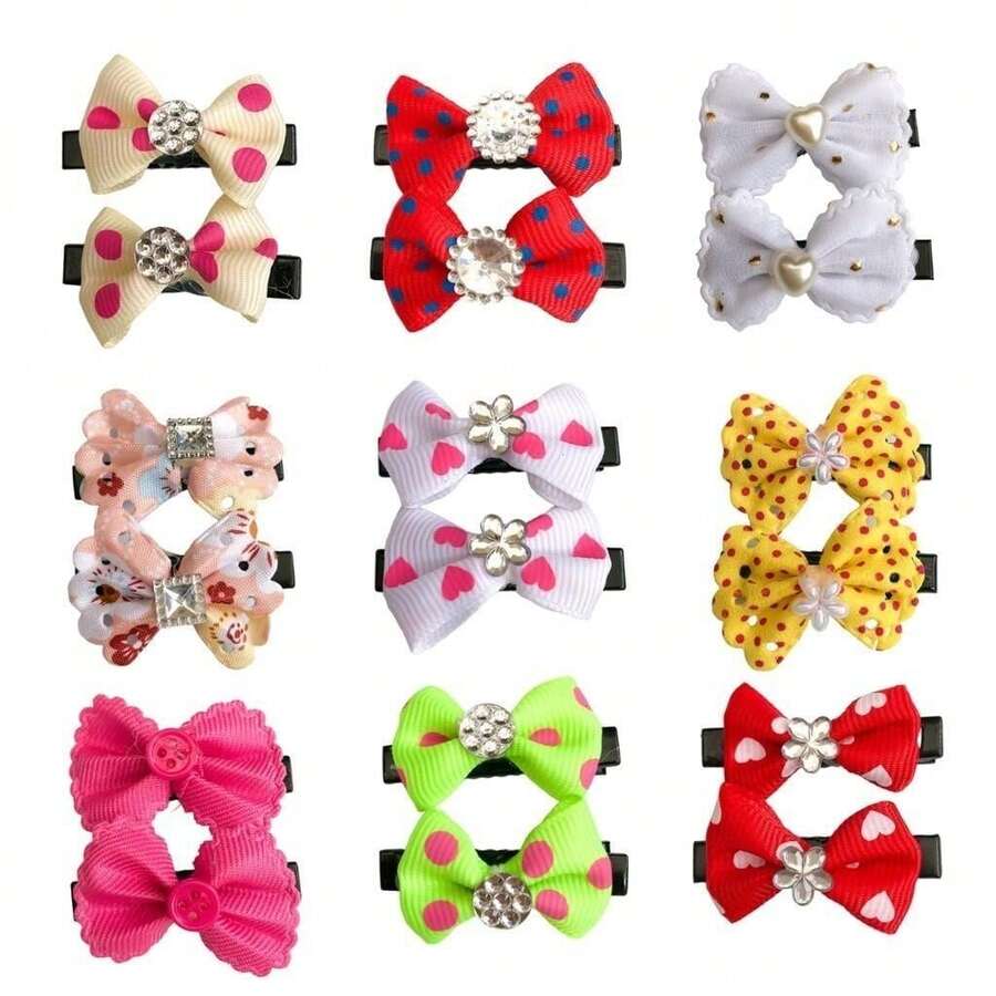 Set Of 10 Pairs (20 Pieces) Duckbill Hair Clips / Bow With Rhinestone / Colorful And Delicate / Children's - 5 đôi / 10 chiếc - Xem 1