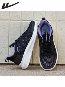 WARRIOR 1双女士透气网面跑步鞋，低帮圆头，轻便防滑系带平底舒适软底休闲运动鞋 - 黑色 - 查看 2