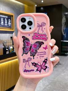 1pc "Dream Butterfly" Pink Bow Wave Edge Soft Silicone Protective Phone Case, Anti-Fall Anti-Scratch, Y2K Sweet Girl Style, Compatible With IPhone & Galaxy - Pink - View 2