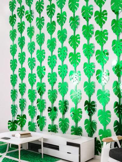 2片装丛林树叶箔片流苏帘，热带棕榈叶金色金属流苏背景幕布，适用于生日派对、婴儿派对、夏威夷阿罗哈派对、丛林动物主题派对装饰、室内外派对背景