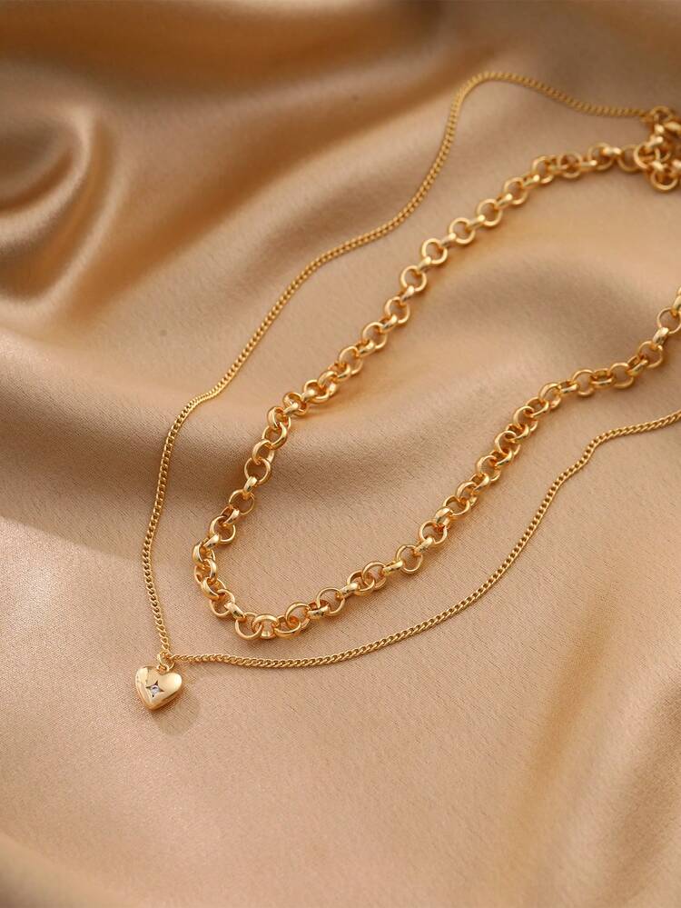 2pcs Copper Fashionable Versatile Double-Layer O-Chain And Bar Chain Necklace Set With Cubic Zirconia Heart Pendant, Suitable For Beach And Holiday Accessories - Yellow Gold - View 4