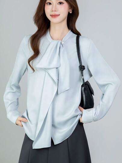 長袖ブラウス オフィス レディース リボン付き バンドカラー シャツ パール付き トップス シャツブラウス フォーマル 春夏 夏 春秋 おしゃれ きれいめ 可愛い カジュアル 体型カバー 薄手 リボン襟 とろみシャツ 立ち襟 事務服 ボウタイ 長袖ブラウス シャツ ロングスリーブ レディース かわいい 春 秋 夏 エレガント 薄手 通学 通勤 OL スーツ インナー 入学式 卒業式 お呼ばれ