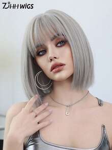 7JHH WIGS 女士灰色波波头假发，12英寸，时尚简约短直发，带刘海，灰棕色挑染，优质丝滑耐热合成假发，适合日常佩戴、节日派对、角色扮演等场合，是女孩的理想礼物。 - 挑染灰色 - 查看 5