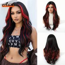 24英寸红色渐变中分假发，女士长卷发合成假发，适合日常佩戴和角色扮演，中分，欧美风格，耐热合成纤维，外观自然，充满活力，节日妆容必备 - 挑染紅色 - 查看 2