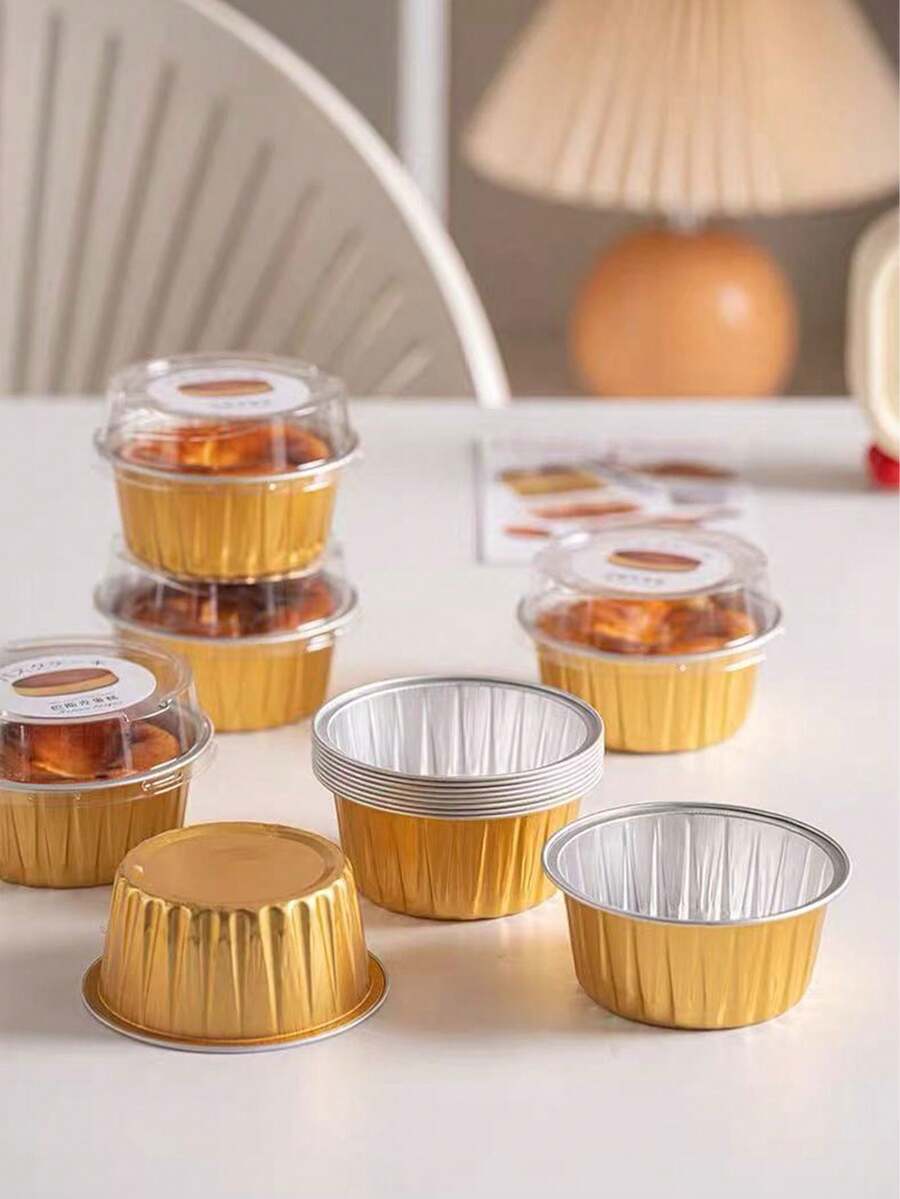 20pcs 2-Inch Mini Basque Mold With Lid, Cheesecake Baking Tray, Caramel Pudding, Heat-Resistant Tin Foil Packaging Box - Gold - View 1