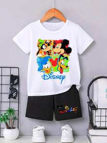 Disney Short-Sleeve T-Shirt And Shorts Summer Set The T-Shirt Features A Creative Mickey Mouse And Friends Cartoon Alphabet Design, While The Shorts Showcase A Disney Logo Print. Crafted From Soft, Comfortable Fabric, This Two-Piece Spring/Summer Set For Boys Offers A Cool Look Perfect For Everyday School, Shopping, Or Travel. It Also Makes An Ideal Gift For Young Boys. - 白色+黑色 - 查看 2