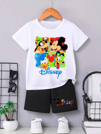  Disney Short-Sleeve T-Shirt And Shorts Summer Set The T-Shirt Features A Creative Mickey Mouse And Friends Cartoon Alphabet Design, While The Shorts Showcase A Disney Logo Print. Crafted From Soft, Comfortable Fabric, This Two-Piece Spring/Summer Set For Boys Offers A Cool Look Perfect For Everyday School, Shopping, Or Travel. It Also Makes An Ideal Gift For Young Boys.