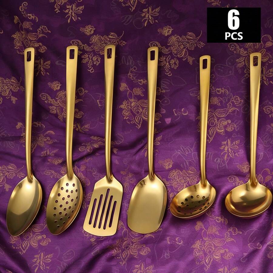 2件/6件套不锈钢厨房用具套装 - 包括漏勺、漏斗、平铲、撇油勺、汤勺、漏勺 - 非常适合家庭烹饪、节日聚会和餐厅使用（金色/银色） - - - 查看 1
