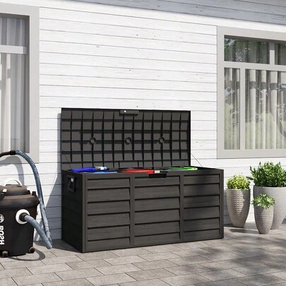 LIVINGANDHOME 1 Piece Black PP Outdoor Storage Deck Box 290L Lockable Hinged Top Weather Resistant Garden Organizer