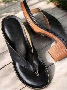 Women's Wood Heel Thong Sandals - Retro Elegant Comfort Shoes For Daily Wear  Black Wood Heel Thong Sandals - Retro Casual Shoes For Women  Comfortable Wood Heel Thong Sandals - Retro Shoes For Outings & Dates  Everyday Wood Heel Thong Sandals - Retro Elegant Comfort Casual Shoes Plus Size Wood Heel Thong Sandals - Retro Comfort Casual Shoes - 黑色 - 查看 6