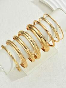 8pcs Vintage Elegant Bohemian Style Metal Hammered Bangle Bracelet Set, Suitable For Women's Daily, Party, Date, Holiday, Wedding, Festival Gift - Gold 2 - View 4
